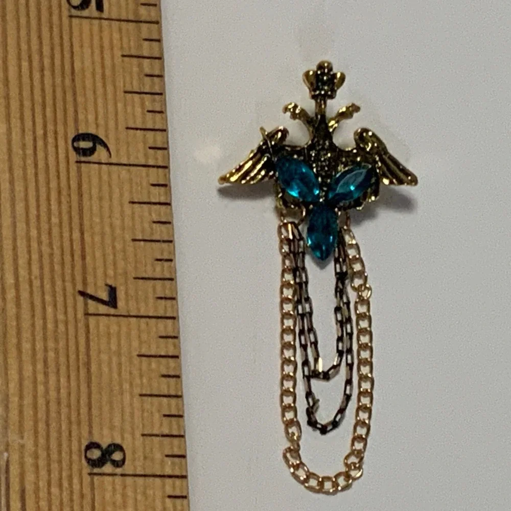 Gothic Double Headed Eagle Brooch Pin Blue Rhinestone Tassel Chain Winged